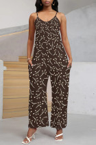 Coffee Casual Street Geometric Print Pocket Belted Contrast V Neck Loose Jumpsuits
