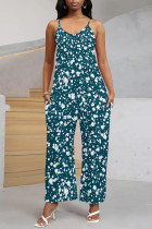 Peacock Blue Casual Street Geometric Print Pocket Belted Contrast V Neck Loose Jumpsuits