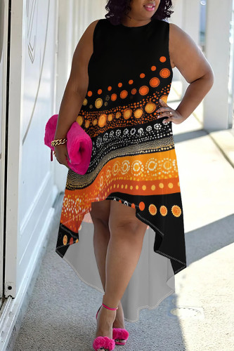 Orange Black Casual Print Patchwork O Neck Irregular Plus Size Dresses