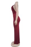 Burgundy Sexy Elegant Solid Color Backless Slit Pearls Decor Spaghetti Strap Long Dresses