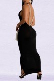 Burgundy Sexy Elegant Solid Color Backless Slit Pearls Decor Spaghetti Strap Long Dresses