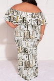 Blue Gray Sexy Plaid Floral Print Letters Ruffle Contrast Off Shoulder Printed Plus Size Dresses
