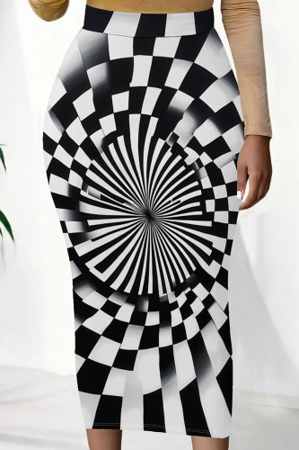 Black And White Casual Print Patchwork Regular Mid Waist Full Print Bottoms