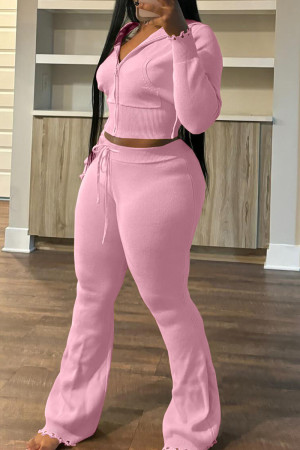 Pink Casual Solid Color Draw String Pocket Patchwork Zipper Zipper Collar Long Sleeve Two Pieces