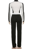 Grey Casual Draw String Patchwork Zipper Contrast Zipper Collar Long Sleeve Two Pieces