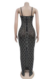 Black Sexy Hot Drilling See-Through Backless Slit Spaghetti Strap Long Dresses