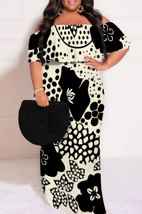 Beige Sexy Plaid Floral Print Letters Ruffle Contrast Off Shoulder Printed Plus Size Dresses