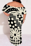 Blue Gray Sexy Plaid Floral Print Letters Ruffle Contrast Off Shoulder Printed Plus Size Dresses
