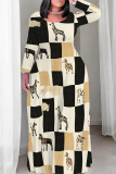 Brown Orange Casual Print Patchwork O Neck Long Plus Size Dresses
