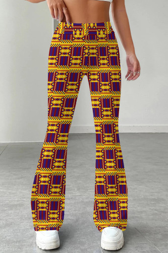 Purple Yellow Casual Print Patchwork Regular Mid Waist Speaker Full Print Bottoms