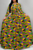 Green Purple Casual Print Patchwork Strap Design O Neck Long Dresses