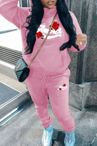 Pink Casual Print Draw String Pocket Patchwork Hooded Long Sleeve Two Pieces