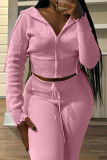 Pink Casual Solid Color Draw String Pocket Patchwork Zipper Zipper Collar Long Sleeve Two Pieces