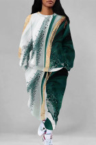 White Green Casual Street Letters Faux Denim Print Draw String Pocket Contrast O Neck Long Sleeve Two Pieces