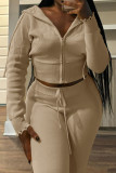 Pink Casual Solid Color Draw String Pocket Patchwork Zipper Zipper Collar Long Sleeve Two Pieces