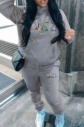 Grey Casual Print Draw String Pocket Patchwork Hooded Long Sleeve Two Pieces