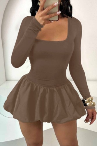Khaki Casual U Neck Long Sleeve Holiday Party Bubble Mini Dress
