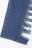 Blue Casual Solid Color Ripped Pocket Patchwork Mid Waist Loose Denim Jeans