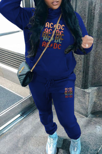 Blue Casual Print Draw String Pocket Patchwork Hooded Long Sleeve Two Pieces