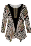 Black khaki Casual Daily Floral Print Irregular Contrast O Neck Tops