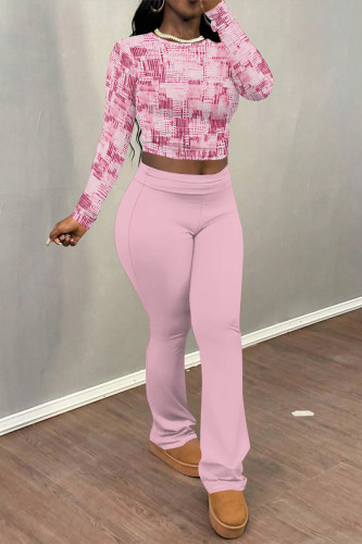 Pink Casual Street Plaid Stripe Gradient O Neck Long Sleeve Two Pieces