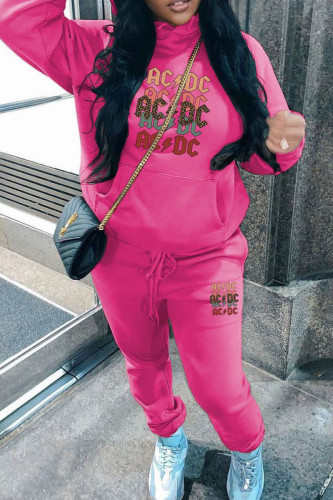 Rose Red Casual Print Draw String Pocket Patchwork Hooded Long Sleeve Two Pieces