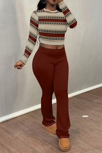 Burgundy Casual Street Plaid Stripe Gradient O Neck Long Sleeve Two Pieces
