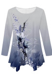 Pink Casual Daily Floral Print Gradient Irregular Contrast O Neck Tops