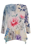 Black khaki Casual Daily Floral Print Irregular Contrast O Neck Tops