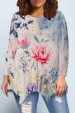 Black khaki Casual Daily Floral Print Irregular Contrast O Neck Tops