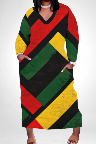Black Green Casual Print Pocket Patchwork V Neck Long Plus Size Dresses