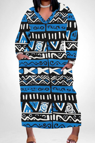 Blue Casual Print Pocket Patchwork V Neck Long Plus Size Dresses