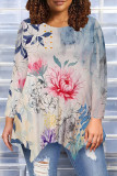 Black khaki Casual Daily Floral Print Irregular Contrast O Neck Tops