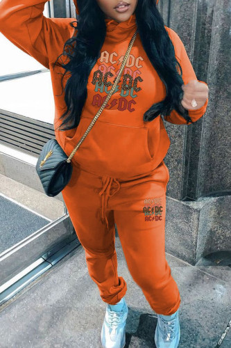 Orange Casual Print Draw String Pocket Patchwork Hooded Long Sleeve Two Pieces