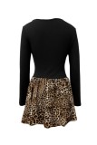 Leopard Print Casual U Neck Long Sleeve Holiday Party Bubble Mini Dress