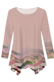Pink Casual Daily Floral Print Gradient Irregular Contrast O Neck Tops