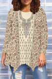 Black khaki Casual Daily Floral Print Irregular Contrast O Neck Tops