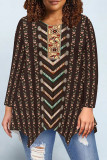 Black khaki Casual Daily Floral Print Irregular Contrast O Neck Tops