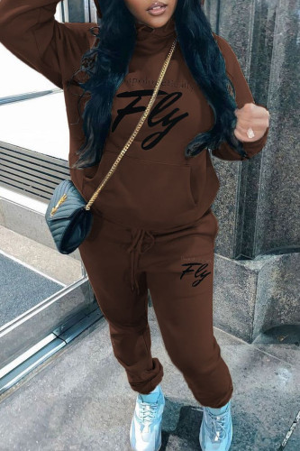 Brown Casual Letters Draw String Pocket Patchwork Hooded Long Sleeve Two Pieces
