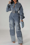 Blue Casual Solid Color Pocket Buckle Patchwork With Belt Turndown Collar Long Sleeve Regular Denim Jumpsuits