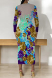 Black Red Casual Street Floral Print Contrast O Neck Printed Dresses