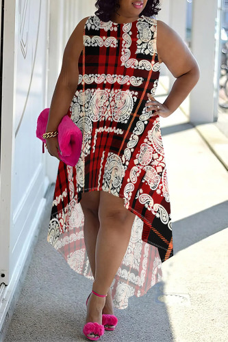 Red Casual Street Plaid Leopard Print Snowflakes Letters Irregular O Neck Irregular Plus Size Dresses