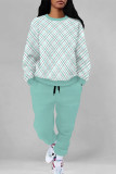 Royal Blue Casual Street Plaid Ombre Print Pocket Lace Up Contrast O Neck Long Sleeve Two Pieces