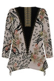 Black khaki Casual Daily Floral Print Irregular Contrast O Neck Tops