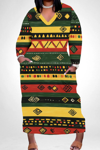 Green Yellow Casual Print Pocket Patchwork V Neck Long Plus Size Dresses