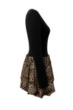 Leopard Print Casual U Neck Long Sleeve Holiday Party Bubble Mini Dress