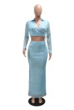 Green Sexy Party Patchwork Sequins Belted V Neck Long Sleeve Two Pieces