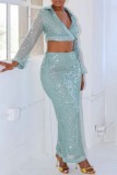 Green Sexy Party Patchwork Sequins Belted V Neck Long Sleeve Two Pieces