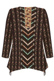 Black khaki Casual Daily Floral Print Irregular Contrast O Neck Tops