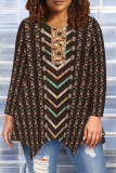 Black khaki Casual Daily Floral Print Irregular Contrast O Neck Tops